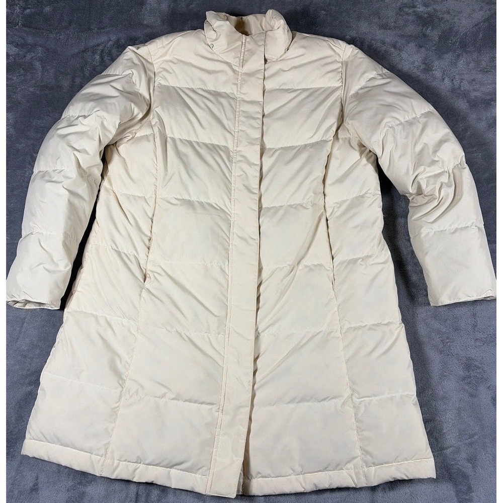 LL Bean Womens Down Puffer Coat Cream Quilted Long Parka Jacket 227261 L PET